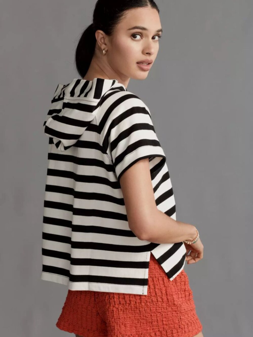 Anthropologie Maeve Boxy Striped Short-Sleeve Hoodie White Black Size XL - Picture 4 of 6